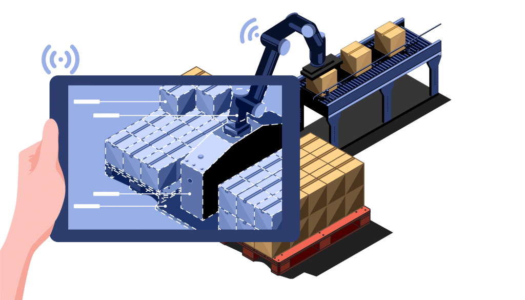 Palletizing robot and screen showing digital twin and robot configurations