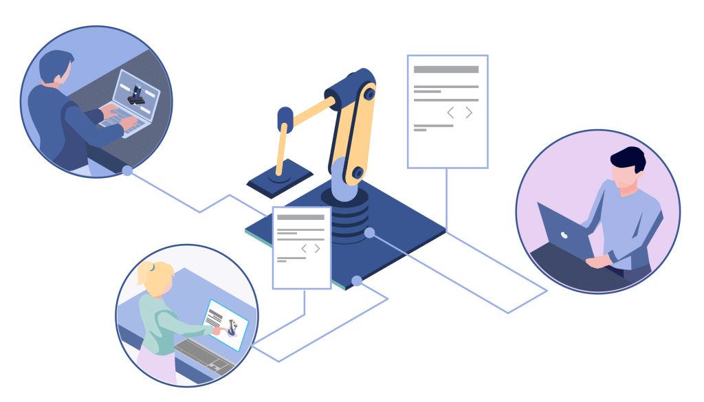 Palletizing robot in center, linked to different members doing different tasks in an ecosystem